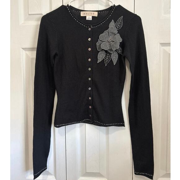 Walter Black Silk Cashmere Cardigan Floral Appliqué, Quiet Luxury, Size Small - Picture 1 of 9